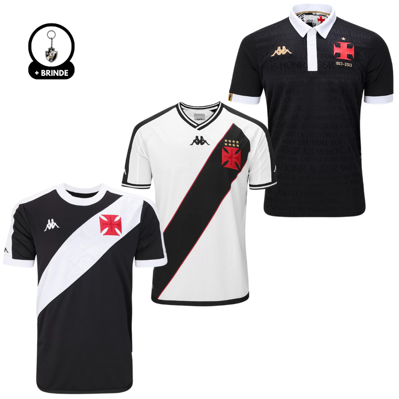 Kit 3 Camisas Vasco da Gama 2024/25 Torcedor Masculino Titular, Reserva e Terceiro Uniforme + Brinde